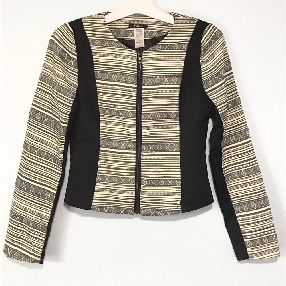 Feline Jacket Sweater Shirt Womens Size S Black Cream Zip Up Striped Long Sleeve